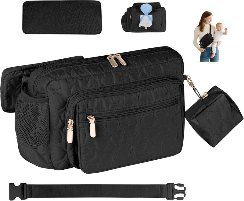 Rexmore Store Puffer Quilted Fanny Pack Diaper Bag for Mom - Women‘s Compact Crossbody Purse with Portable Changing Pad & Wipes Pouch, Travel & Quick Errand Baby Essentials Organizer(Black) - Image 1